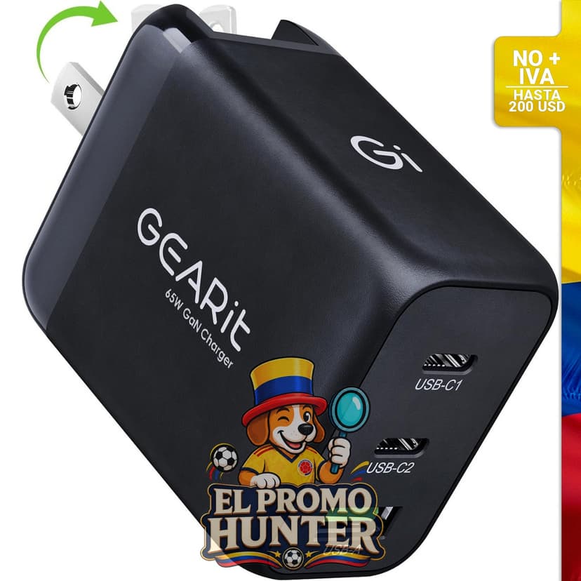 Cargador de pared GEARit USB C de 65 W con 3 puertos, compatible con PD 3.0 y PPS.