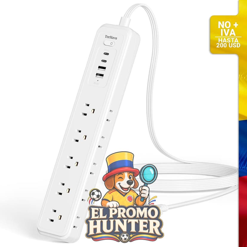 Protector contra sobretensiones con 15 tomacorrientes, 4 puertos USB y 2 USB-C, cable de 5 pies.