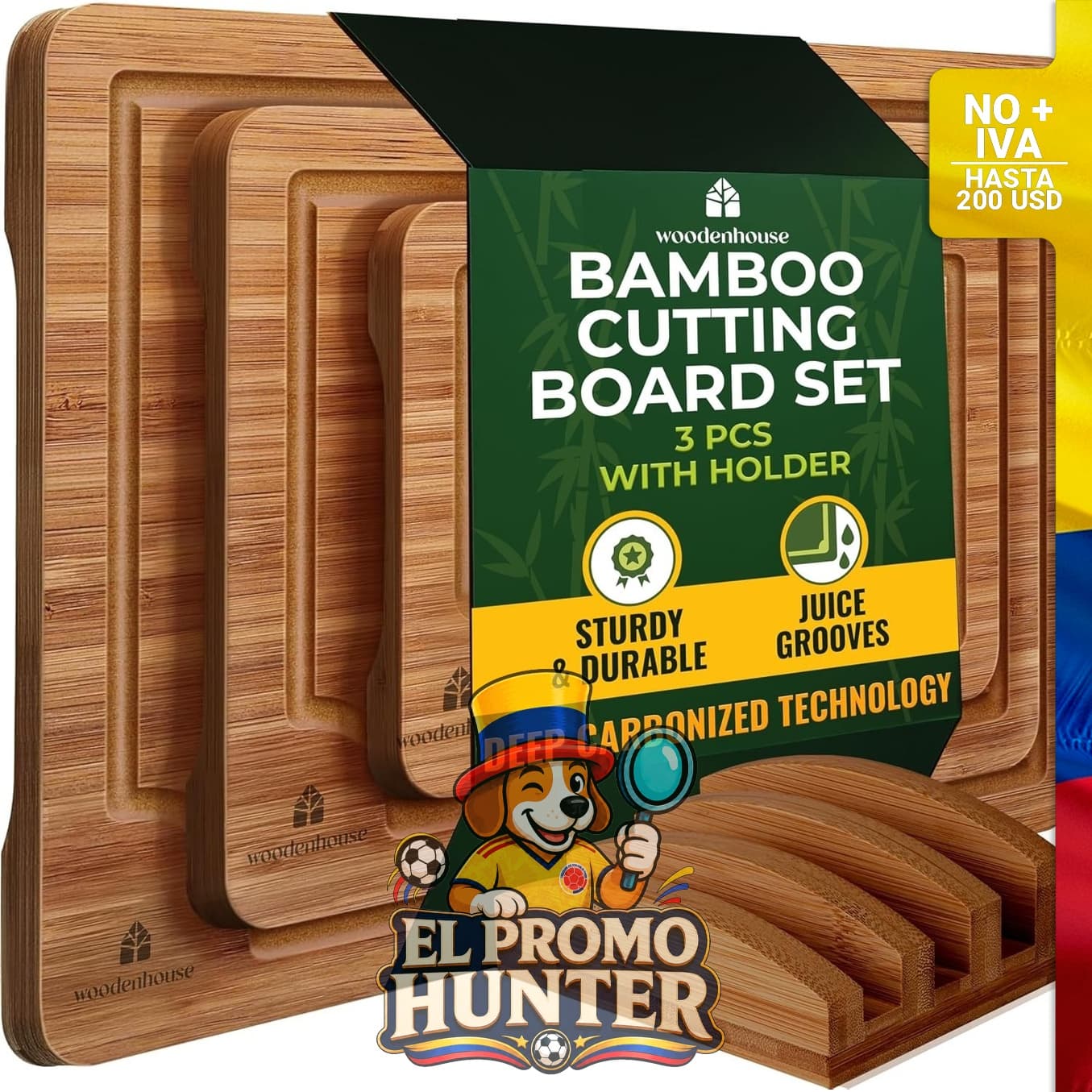 Juego de 3 tablas de cortar de bambú con soporte, incluye tablas de diferentes tamaños y ranuras para jugos.