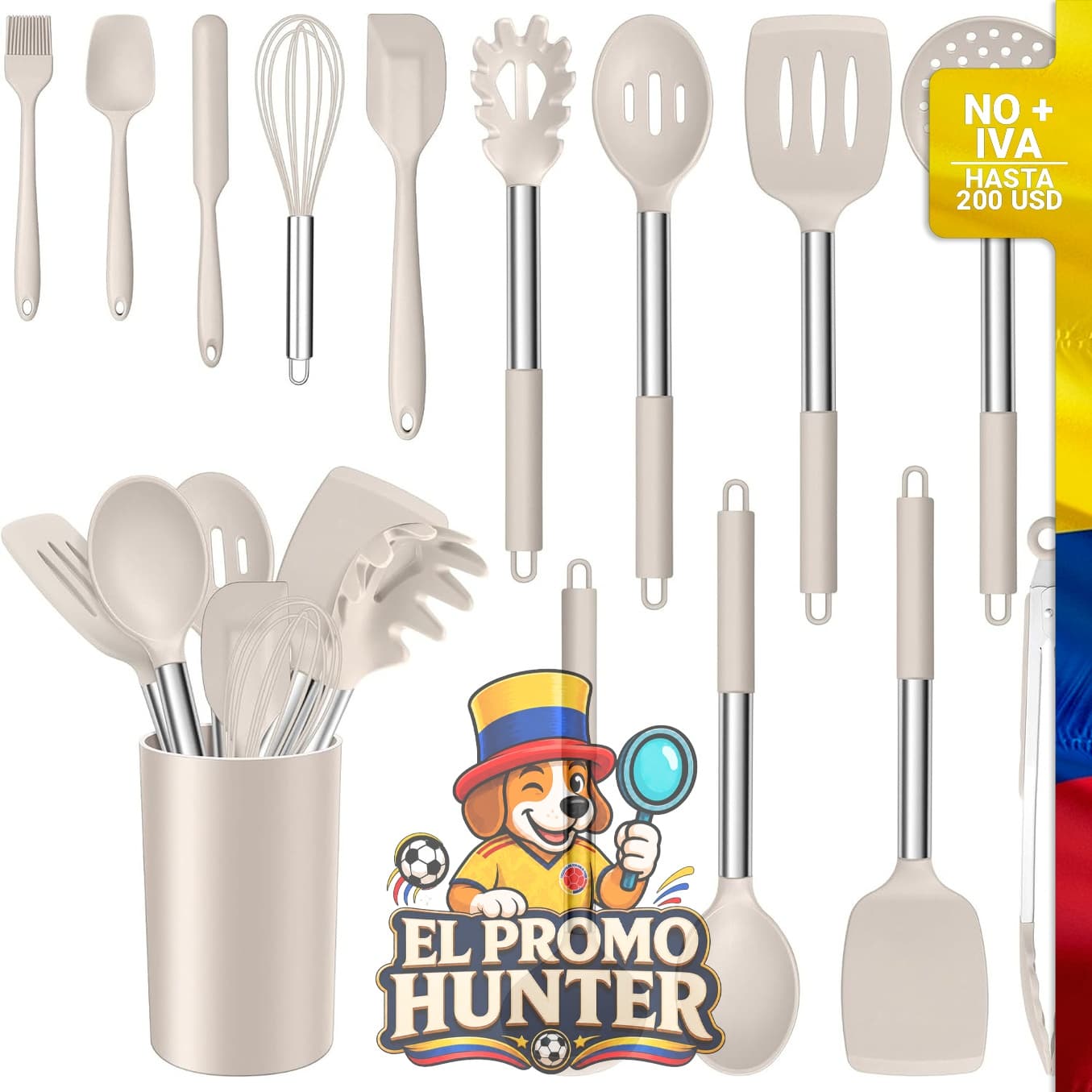 Juego de 14 piezas de utensilios de cocina de silicona con soporte, incluye espátula, cucharón, cuchara, pinza y espumadera ranurada.