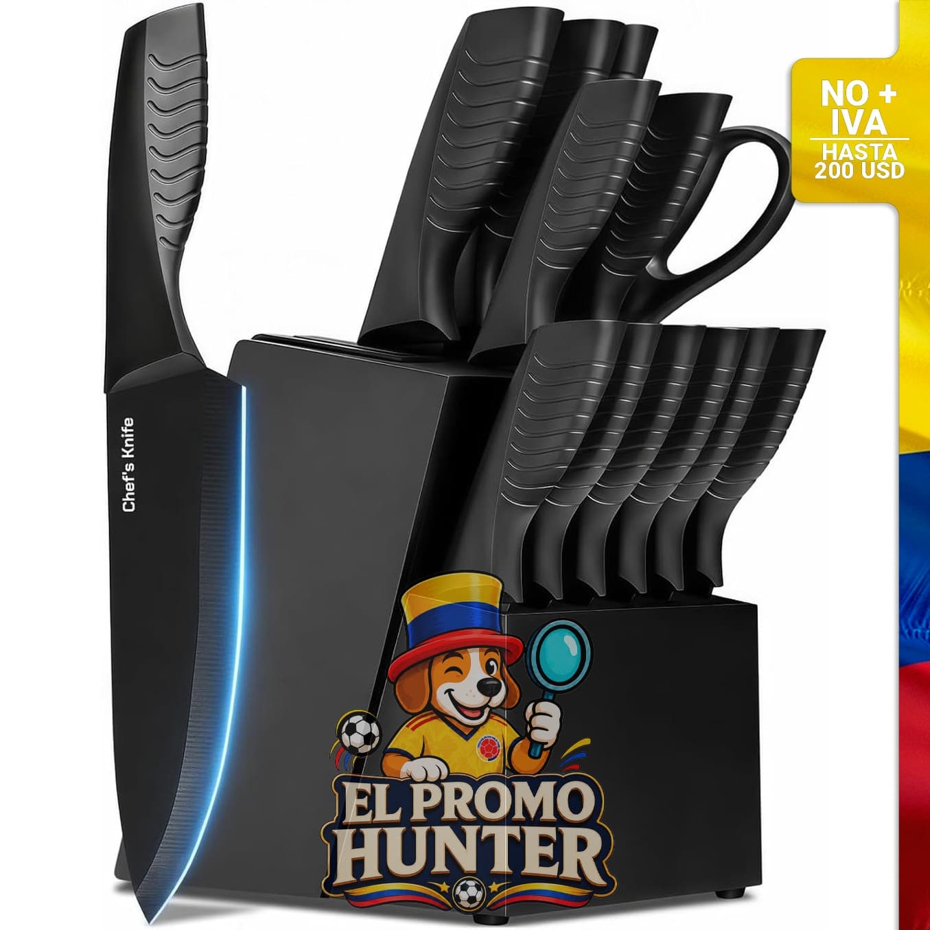 Juego de 14 cuchillos de cocina con bloque y afilador, cuchillas de acero inoxidable, mangos antideslizantes.