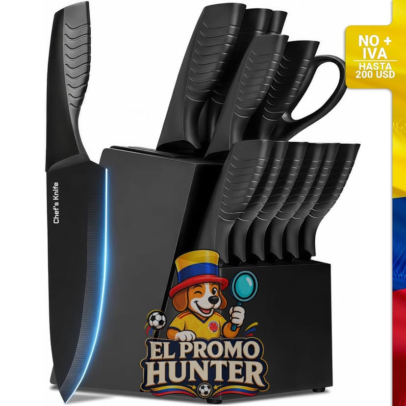 Juego de 14 cuchillos de cocina con bloque y afilador, cuchillas de acero inoxidable, mangos antideslizantes.