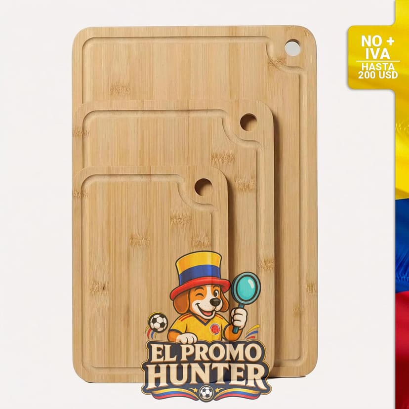 Juego de 3 tablas de cortar de bambú, aptas para cuchillos, con mango lateral y ranura para jugos.