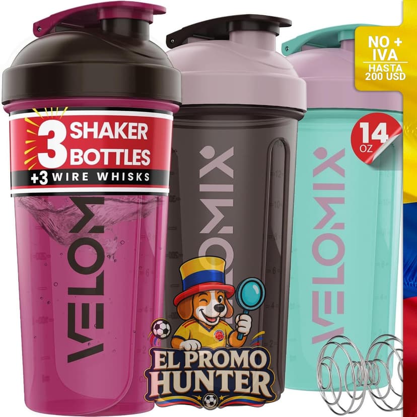 Paquete de 3 botellas mezcladoras de proteínas de 414 ml, incluye 3 batidores de alambre.