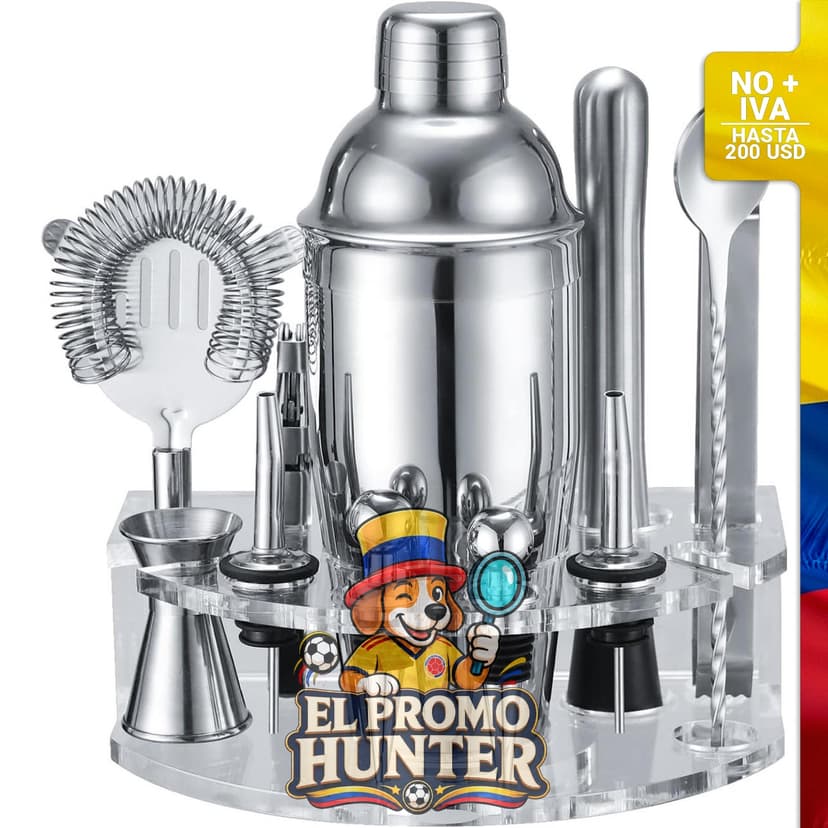 Juego de coctelera de acero inoxidable con 12 accesorios de barra, incluye batidora de 25 oz, jigger, colador y cuchara.