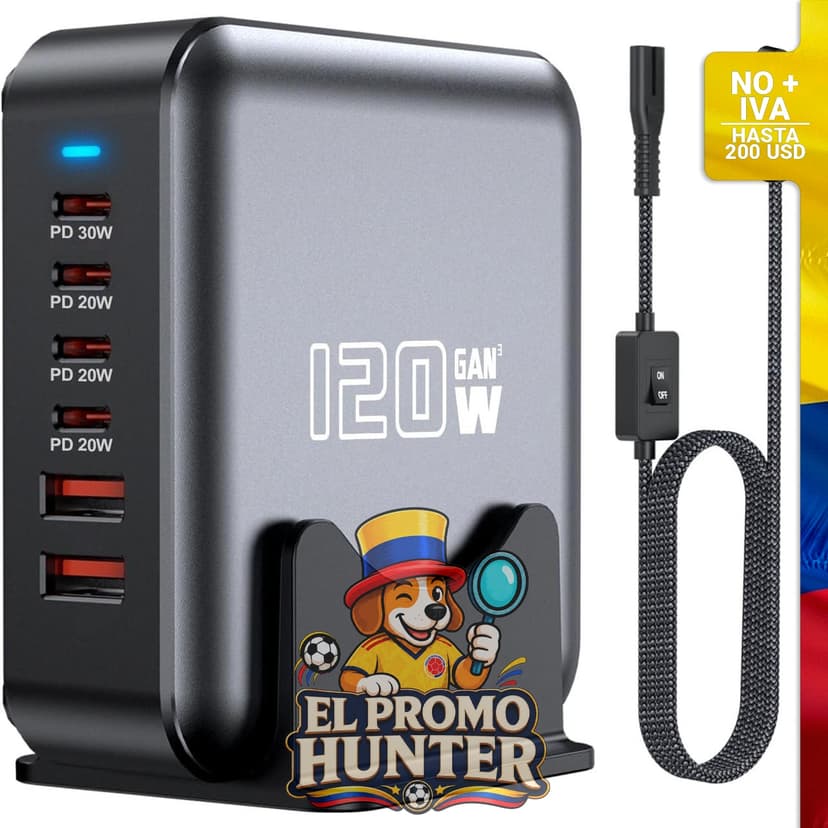 Cargador rápido USB C de 120 W con 6 puertos y adaptador de concentrador.
