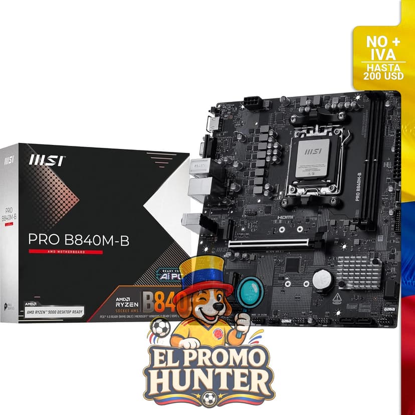 Placa base MSI PRO B840M-B, mATX, compatible con procesadores AMD Ryzen 9000/8000/7000, AM5, DDR5 hasta 8000 MT/s OC, PCIe 4.0 x16, M.2 Gen4, LAN 2.5G.