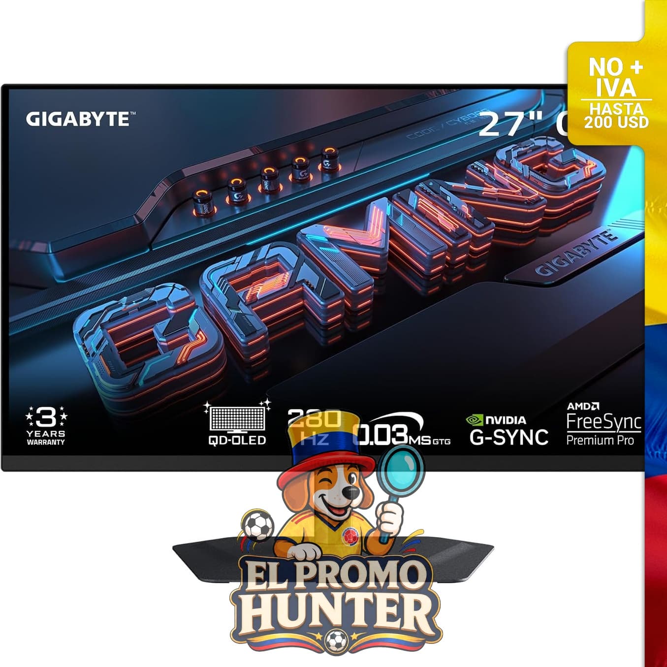 Monitor GIGABYTE MO27Q2A de 27" (68.6 cm) QD-OLED, resolución QHD 2560x1440, 280Hz, 0.03ms GTG, compatible con AMD FreeSync Premium Pro y G-SYNC.