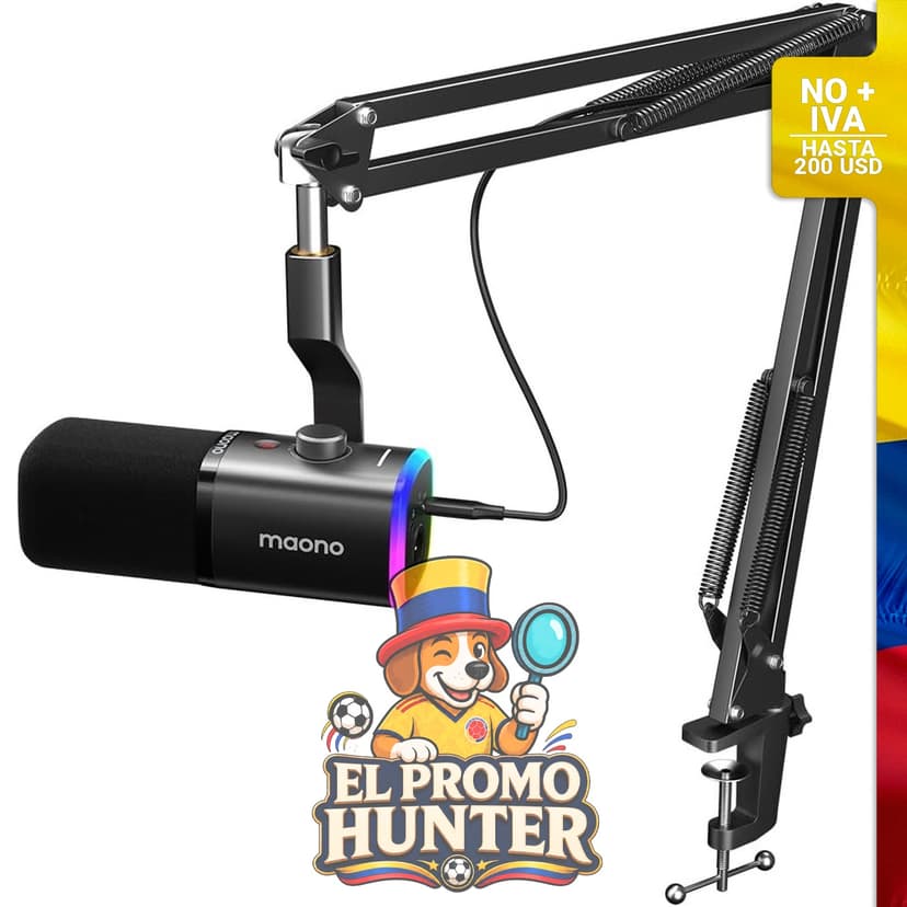 Kit de micrófono dinámico MAONO XLR/USB para PC, incluye control de ganancia y botón de silencio.