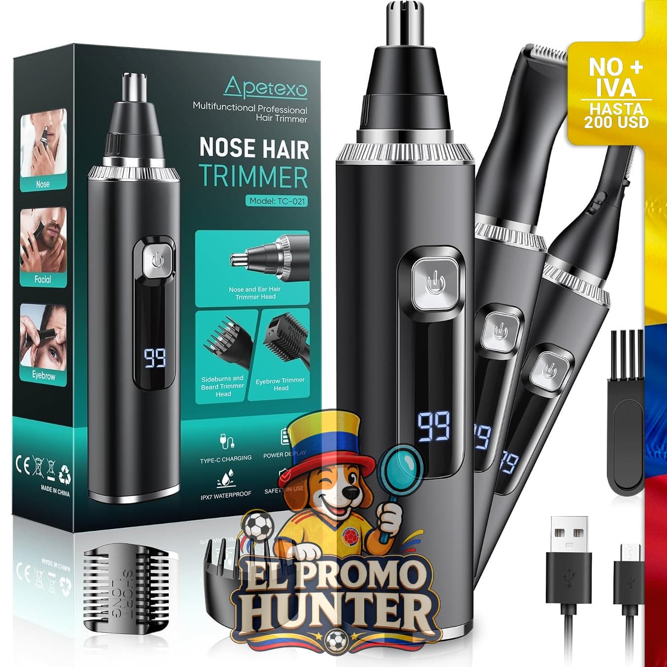 Recortador de pelo nasal recargable tipo C, impermeable IPX7, cuchillas de doble filo.