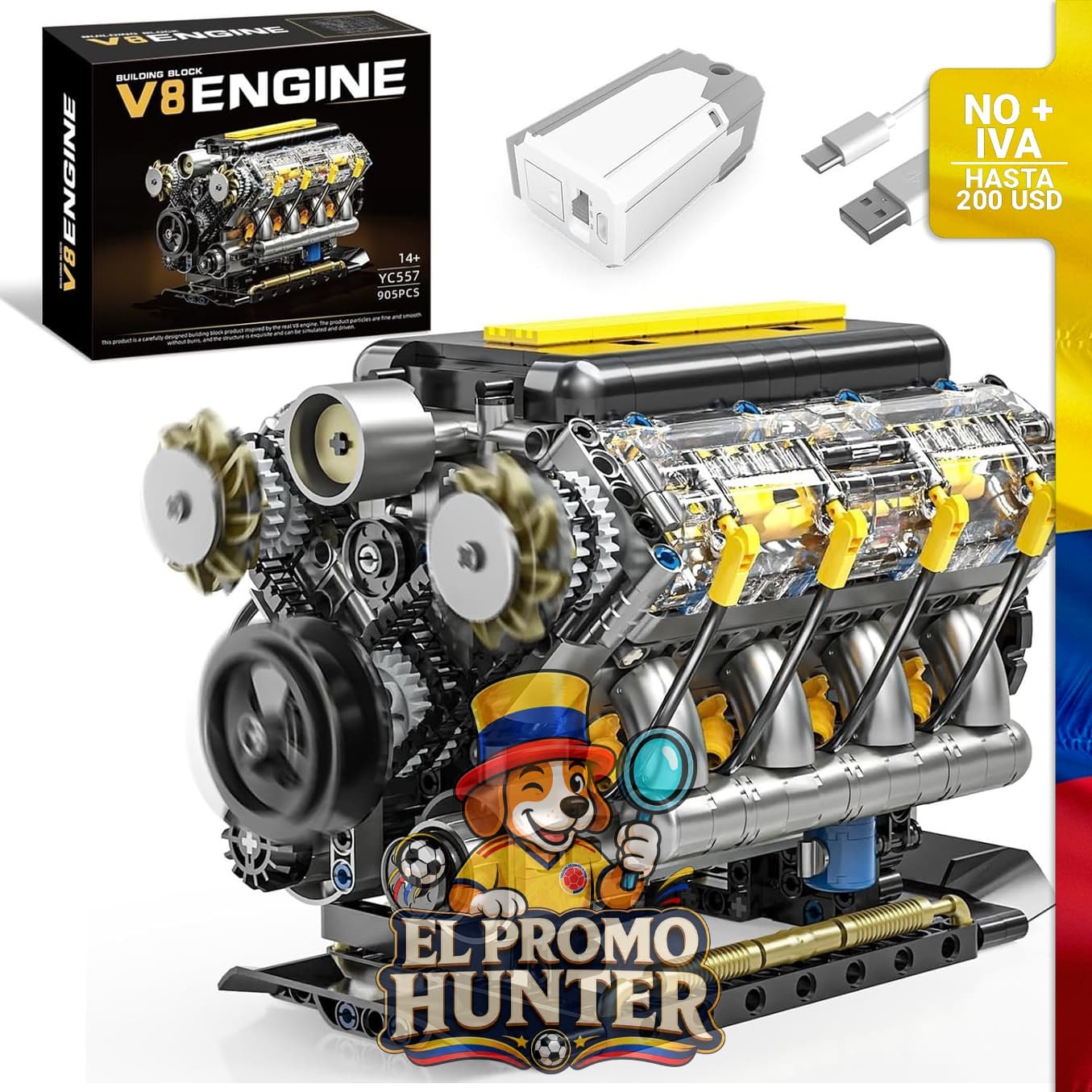 Kit de construcción de motor Mini V8 visible, compatible con juegos de autos Lego.