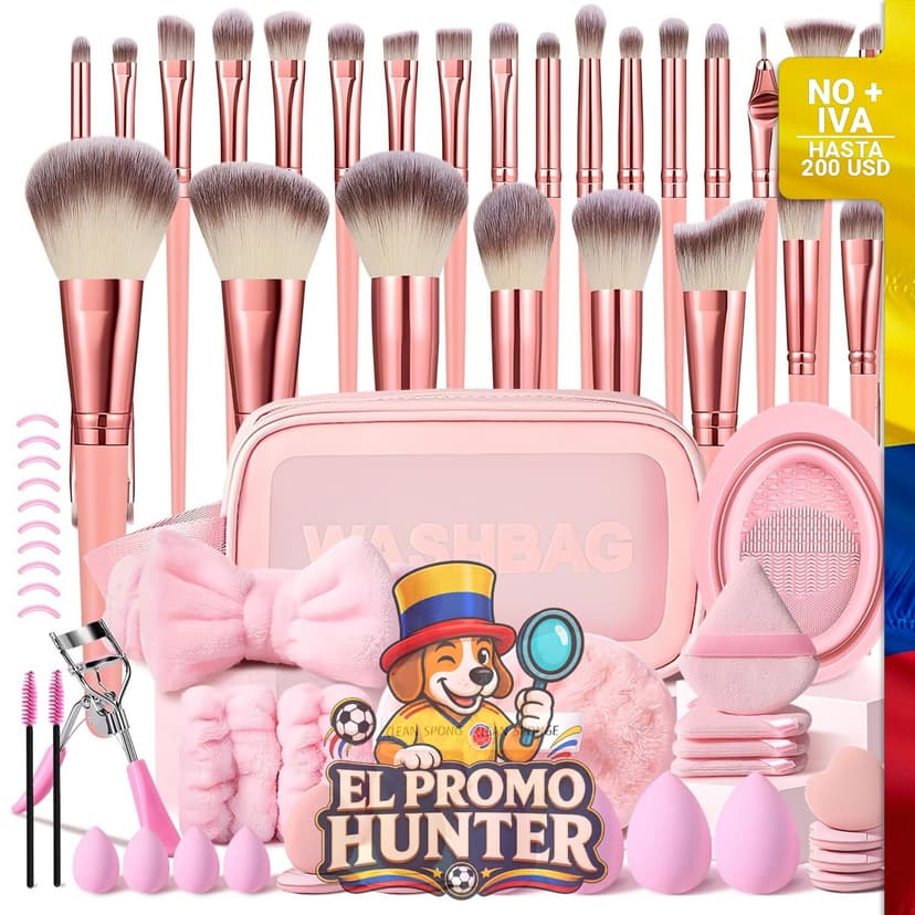 Juego de 65 brochas de maquillaje rosa, incluye herramientas para rostro y ojos con estuche.