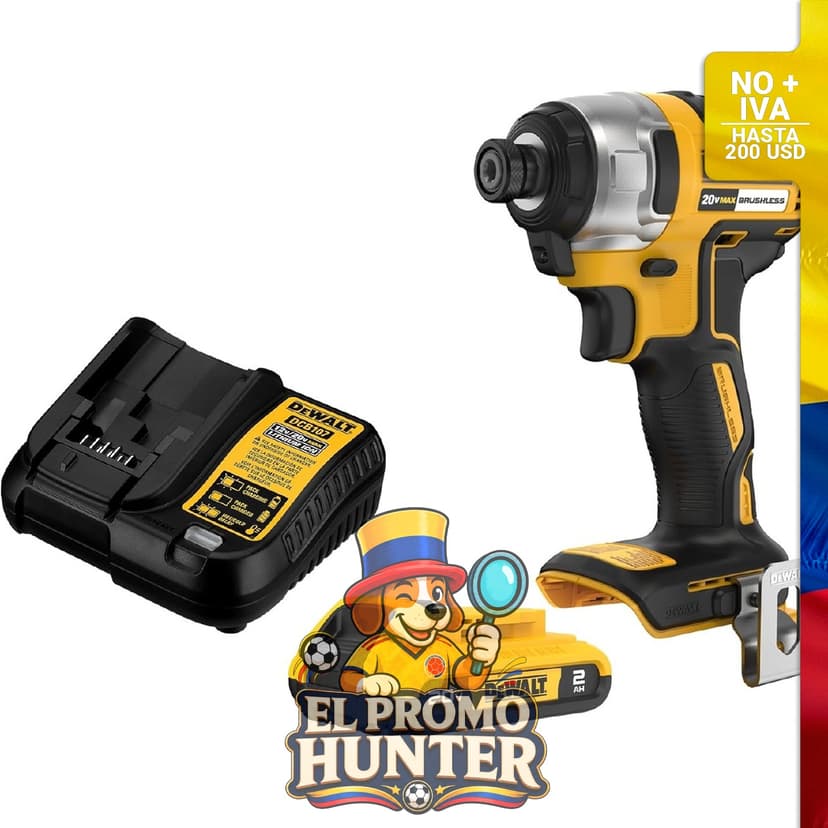 Atornillador de impacto DEWALT 20V MAX, incluye batería y cargador.
