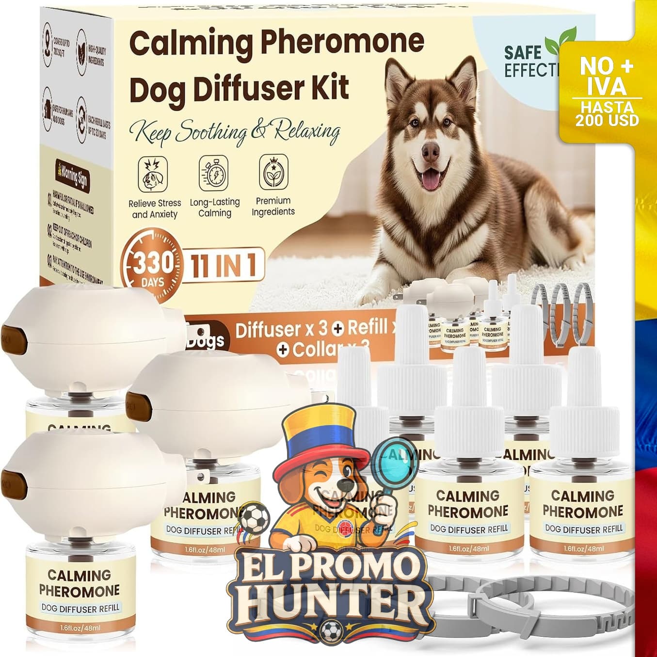 Difusor calmante para perros, 11 funciones en un solo kit.