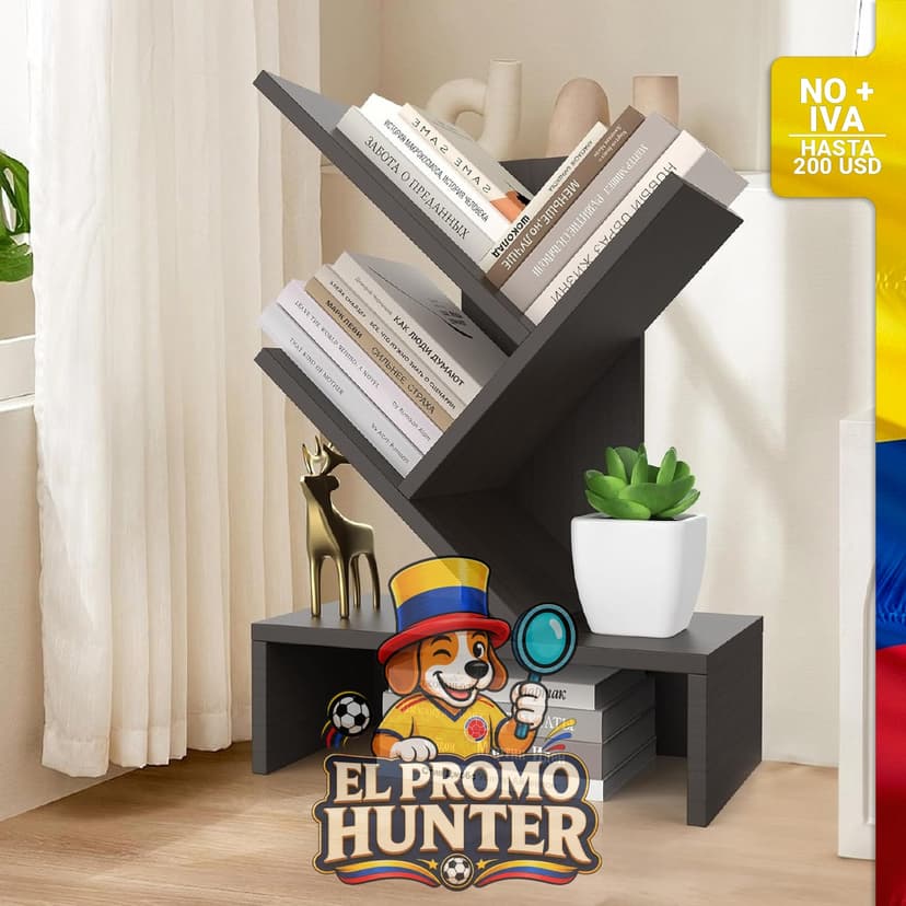 Estantería en forma de árbol de madera con 4 niveles y un cajón.
