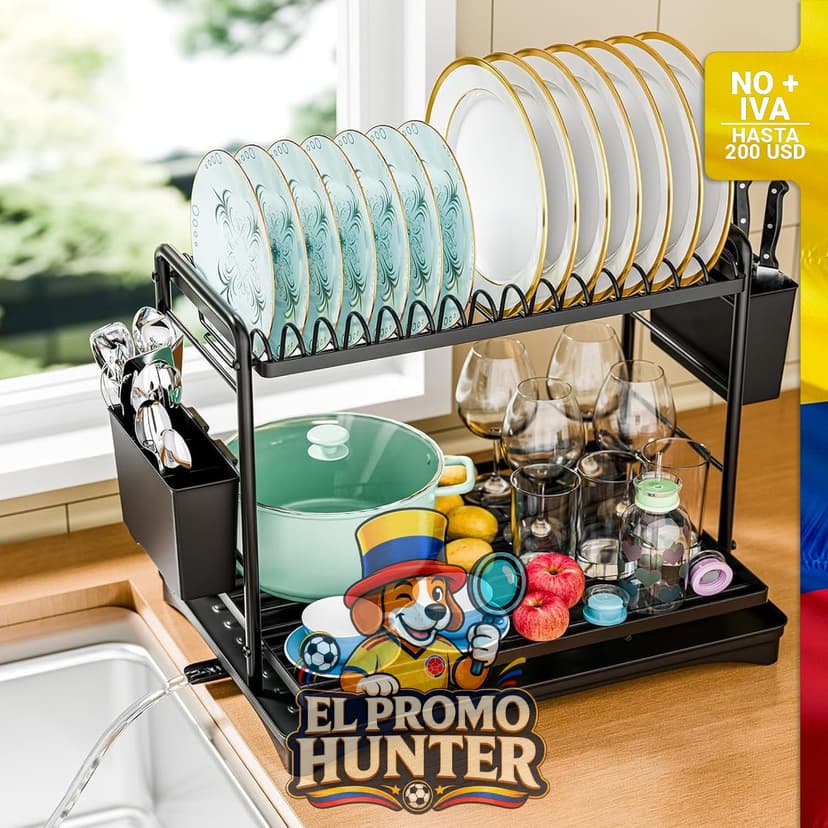 Escurridor de 2 niveles en color negro, diseñado para optimizar el espacio en la cocina.