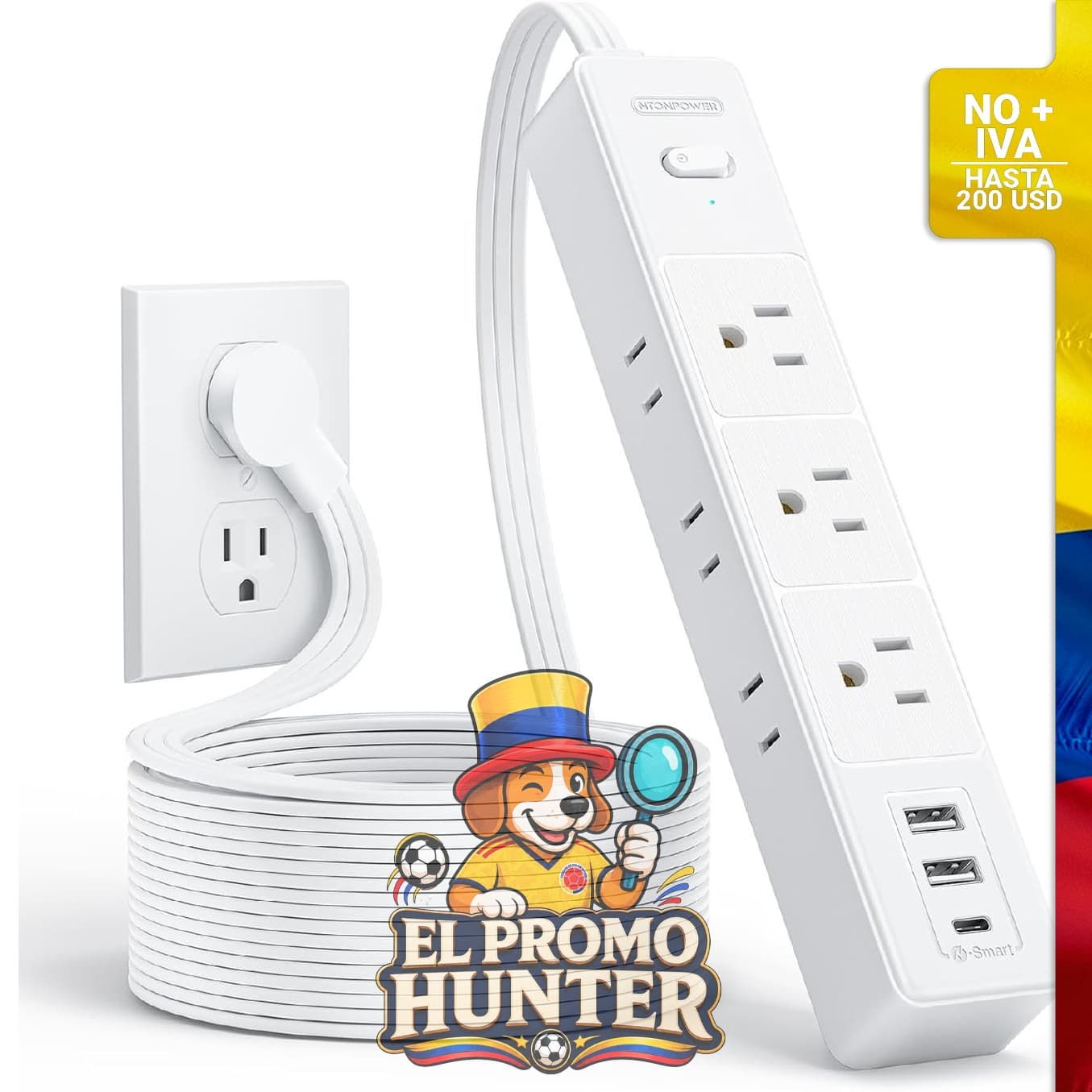 Regleta plana de 9 enchufes con conexión USB-C, longitud de 3 m.