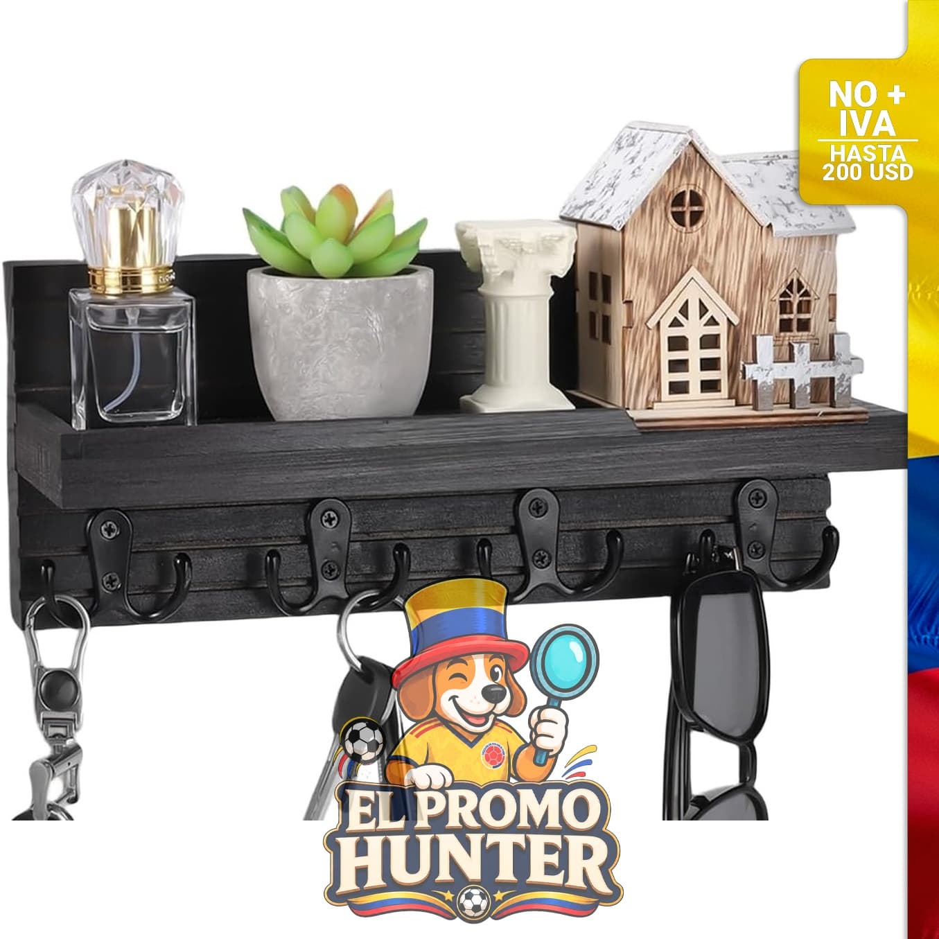 Estante de llavero negro carbón con 4 ganchos.