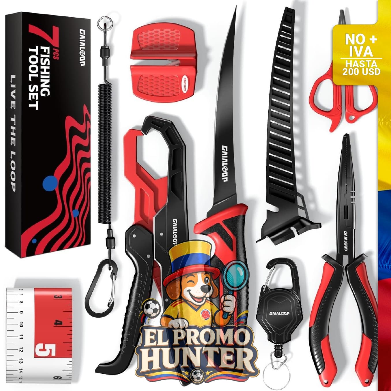 Kit de pesca de 7 piezas con cuchillo.