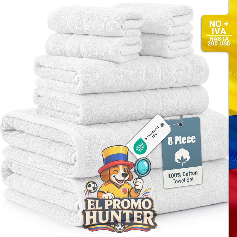Juego de 8 toallas de baño de lujo, 100% algodón.