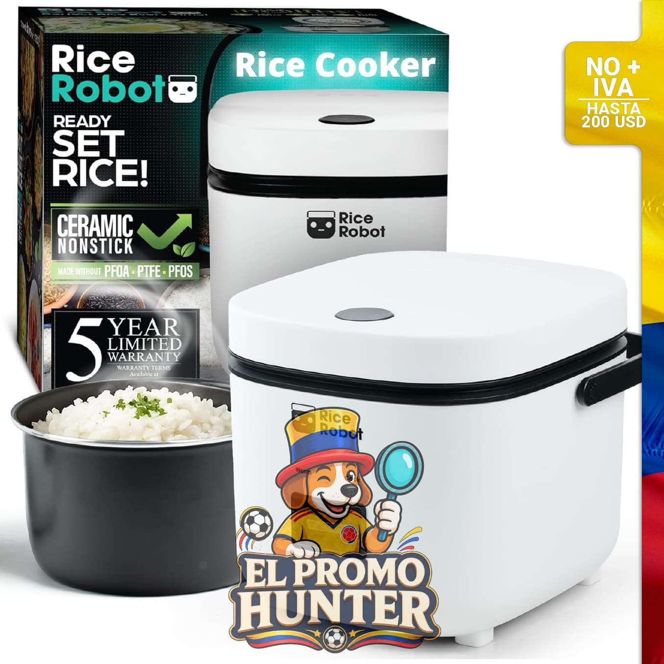 Olla arrocera personal EMSON, capacidad 0.25 L, sin PFAS, con bandeja de vapor.