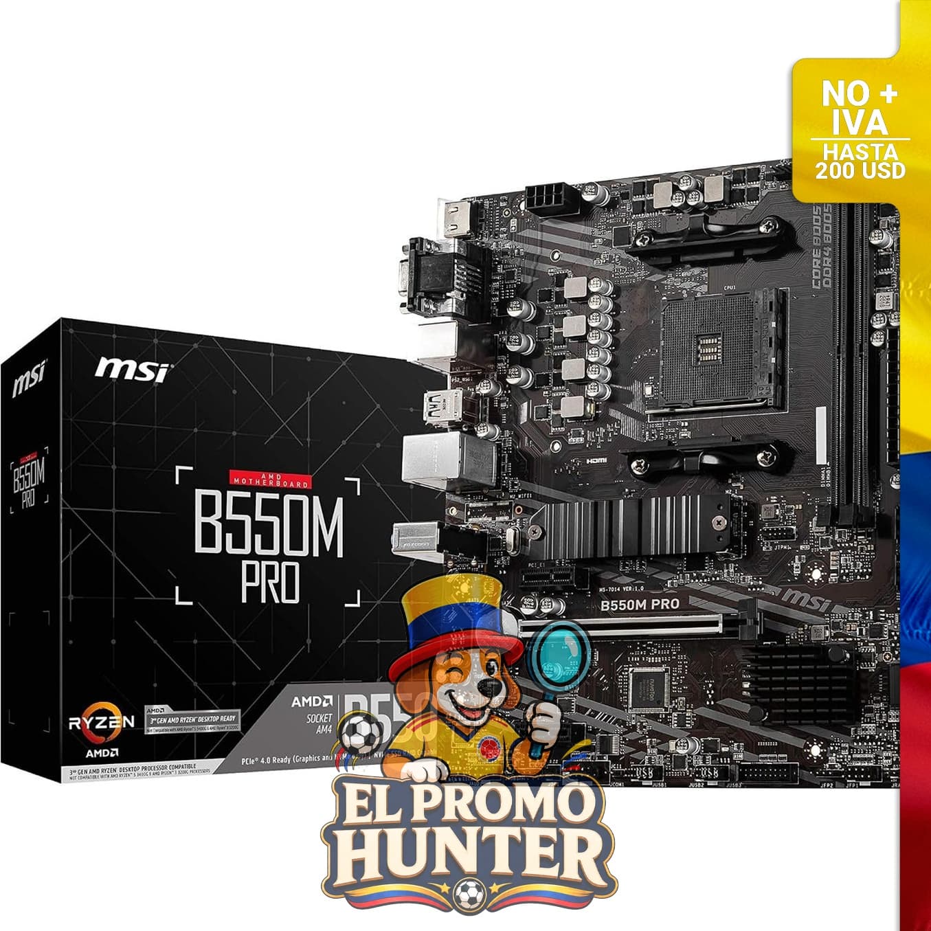 Placa base MSI PRO B550M-P, mATX, compatible con procesadores AMD Ryzen y DDR4 hasta 4400+ MT/s OC.