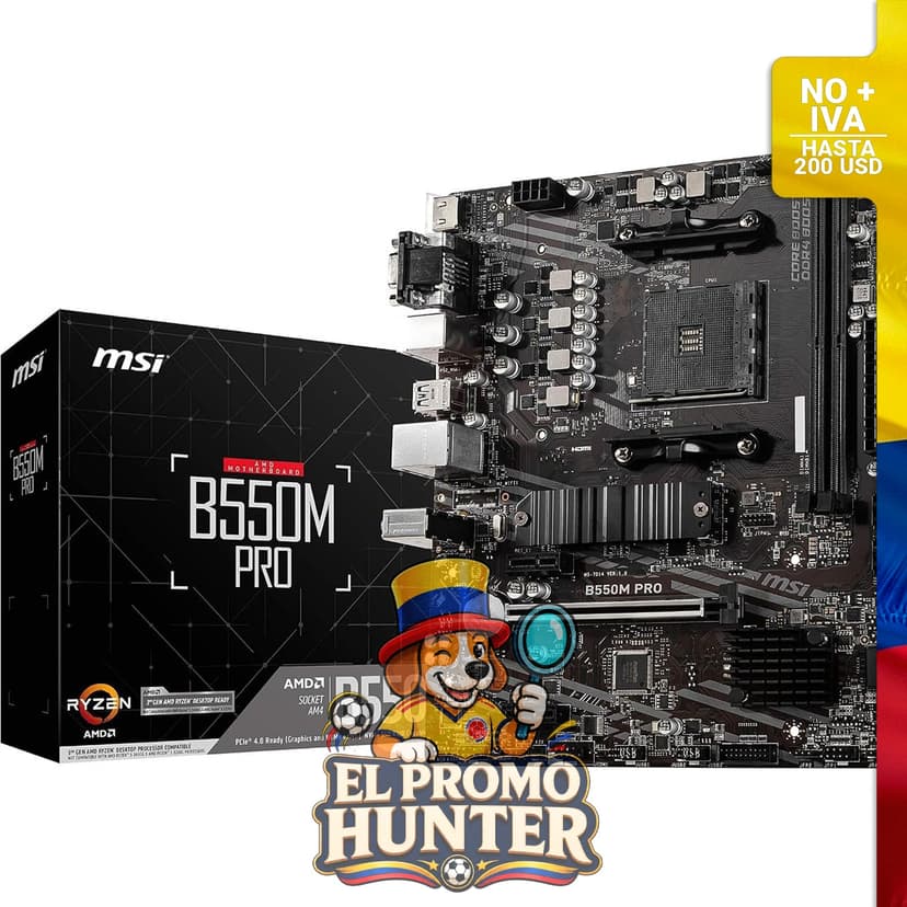 Placa base MSI PRO B550M-P, mATX, compatible con procesadores AMD Ryzen y DDR4 hasta 4400+ MT/s OC.
