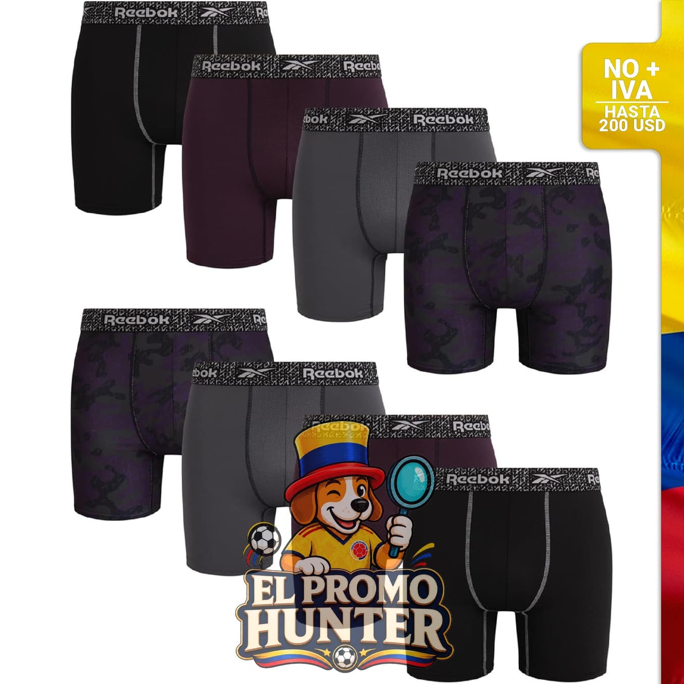 Calzoncillos tipo bóxer Reebok para hombre, paquete de 8, con entrepierna de 15.24 cm, fabricados en material que absorbe la humedad.