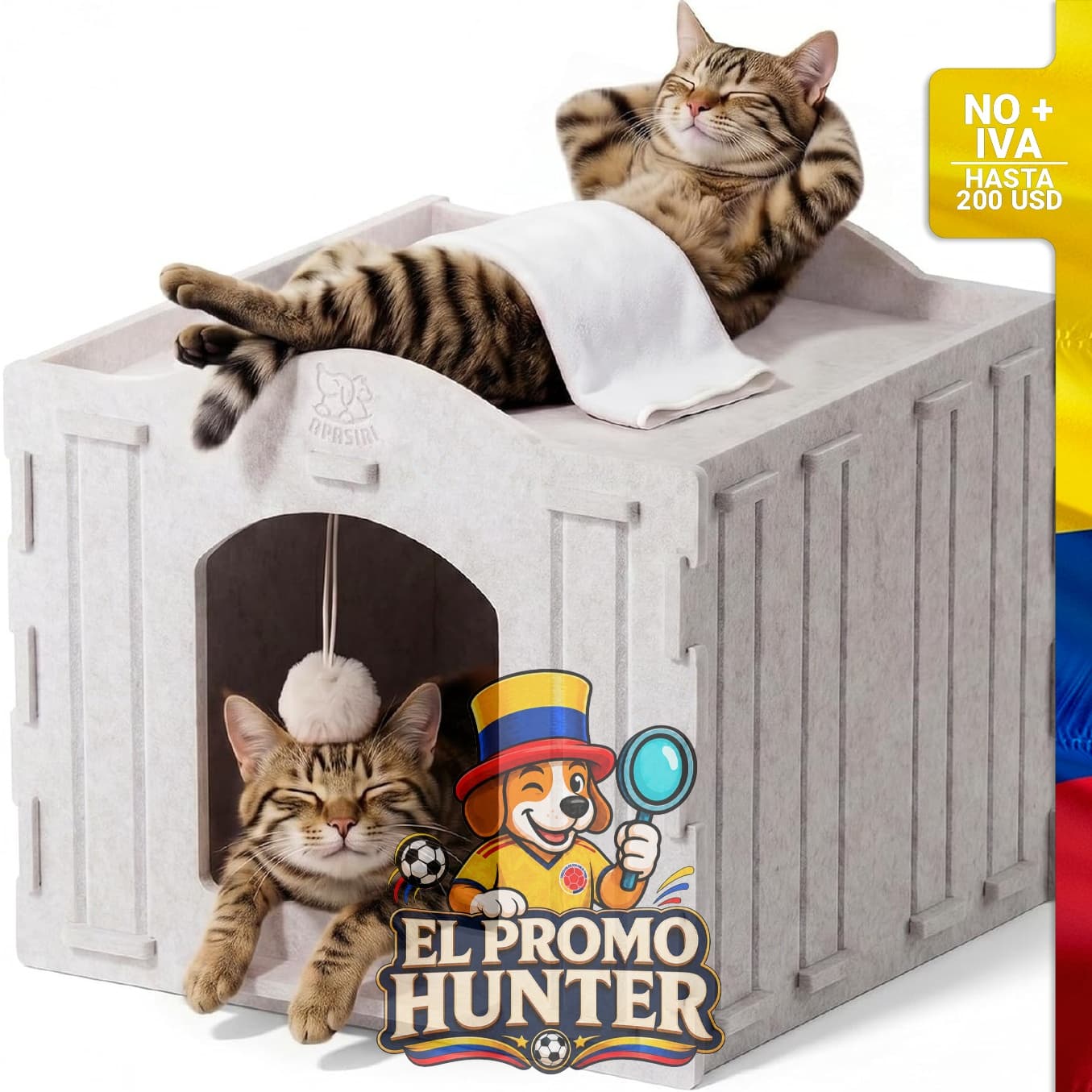 Cueva de cama para gatos de fieltro, casa plegable de dos niveles con bola esponjosa y tabla resistente a los arañazos.