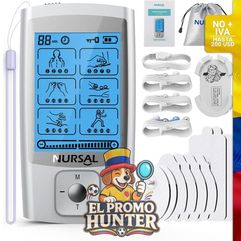 Estimulador muscular TENS de 24 modos, recargable, incluye 8 almohadillas, diseñado para aliviar el dolor en hombros y espalda.