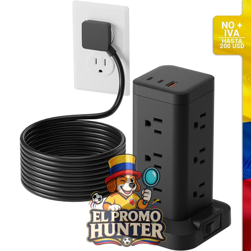 Torre de regleta de alimentación con 12 salidas de CA y 2 puertos USB-C, incluye cable de 3 m.