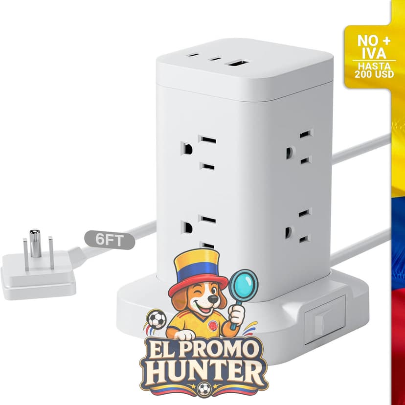 Torre de regleta de alimentación con 8 salidas de CA, 2 puertos USB-C y protección contra sobretensiones de 1800J.