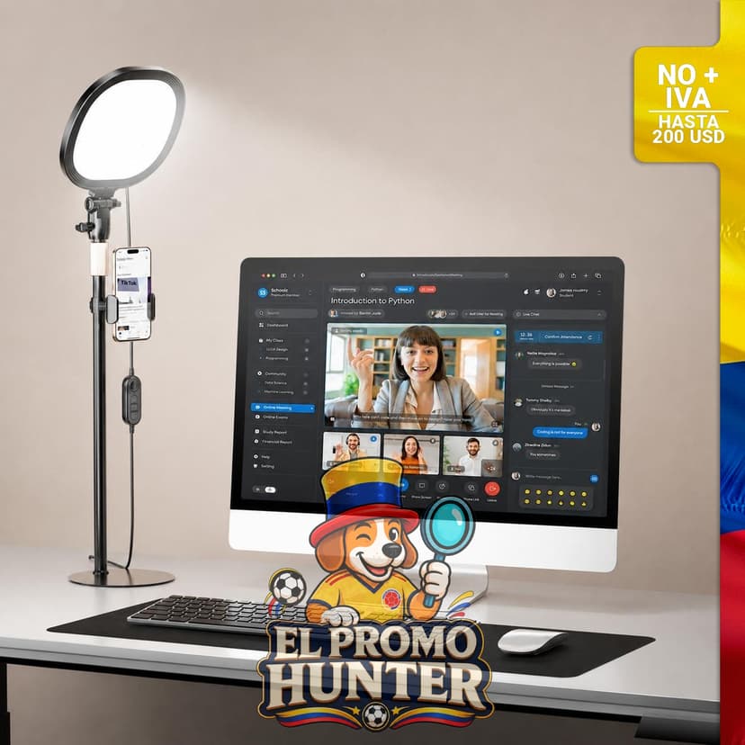 Anillo de luz para escritorio con soporte para teléfono, iluminación suave para videollamadas y grabaciones.