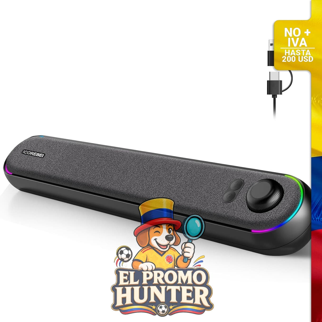 Barra de sonido estéreo ICOREBEI, compatible con computadoras de escritorio, Mac, portátiles y tabletas. Conectividad Bluetooth 5.3 y USB tipo C.
