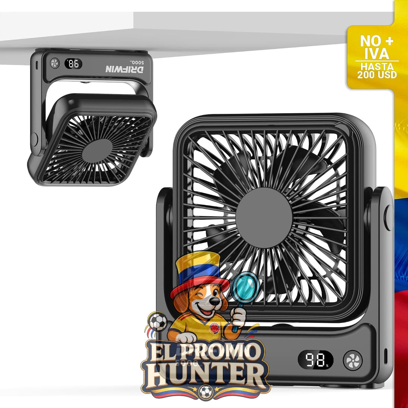 Ventilador magnético portátil de 5000 mAh, recargable, con pantalla LED y 4 velocidades.