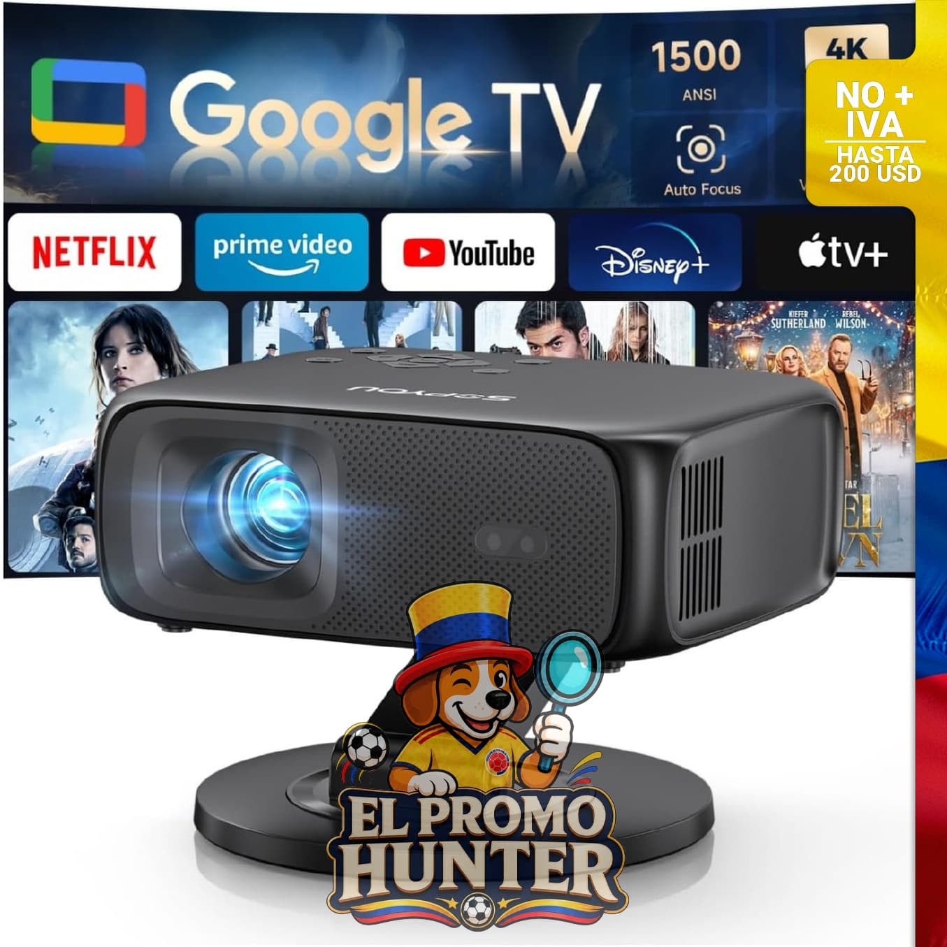 Proyector inteligente 1500 ANSI con Google TV, enfoque automático y corrección Keystone, soporte para presentaciones y enseñanza.
