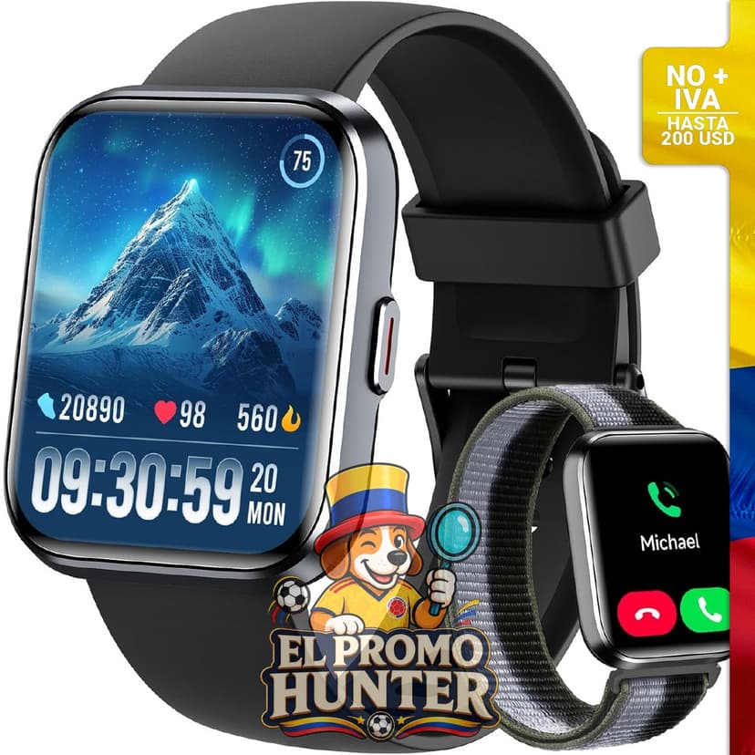 Reloj inteligente de 1.8" con monitor de frecuencia cardíaca, sueño y SpO2, resistente al agua 3ATM, compatible con Android e iPhone.