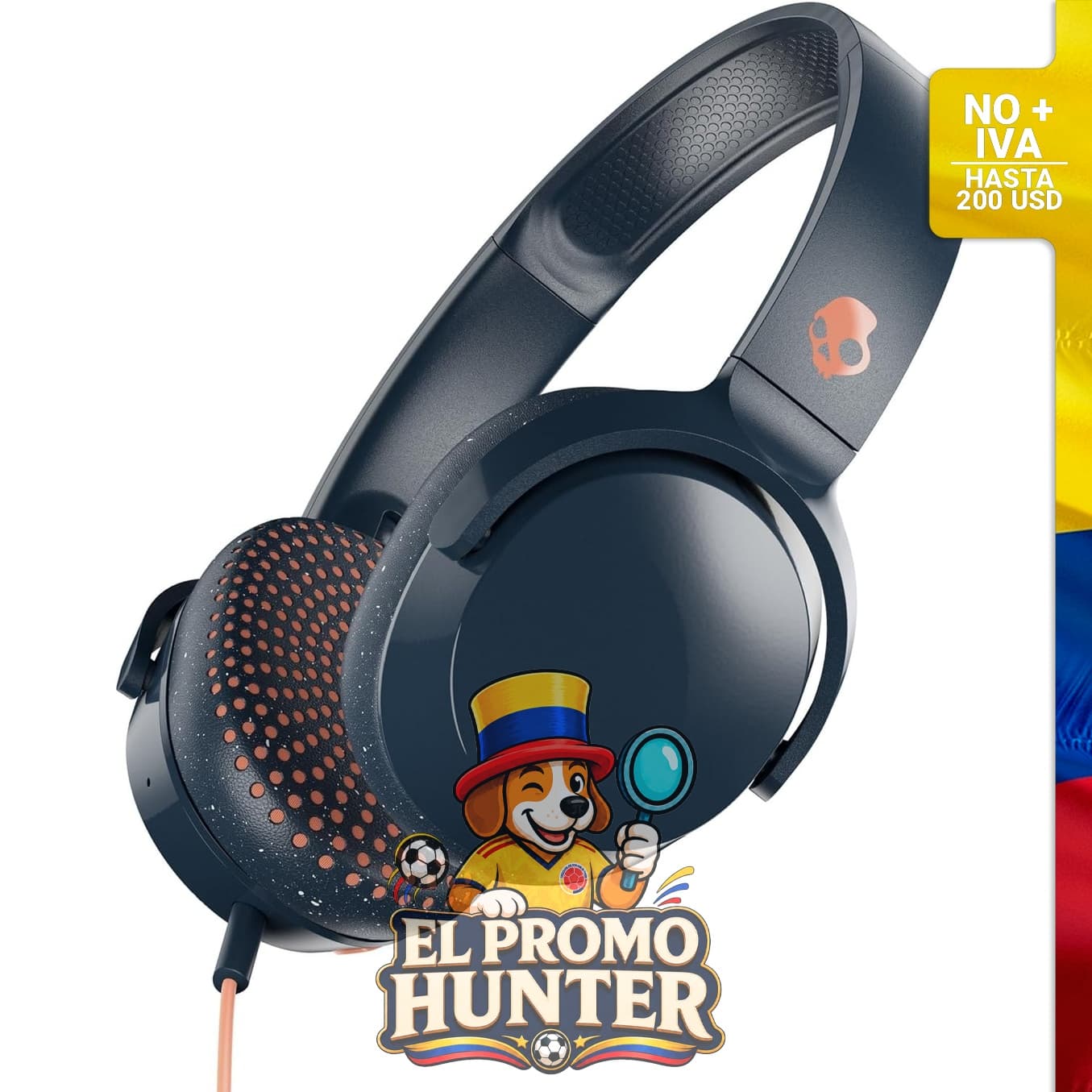 Auriculares Skullcandy Riff con cable, diseño plegable, conector AUX de 3.5 mm y micrófono incorporado.
