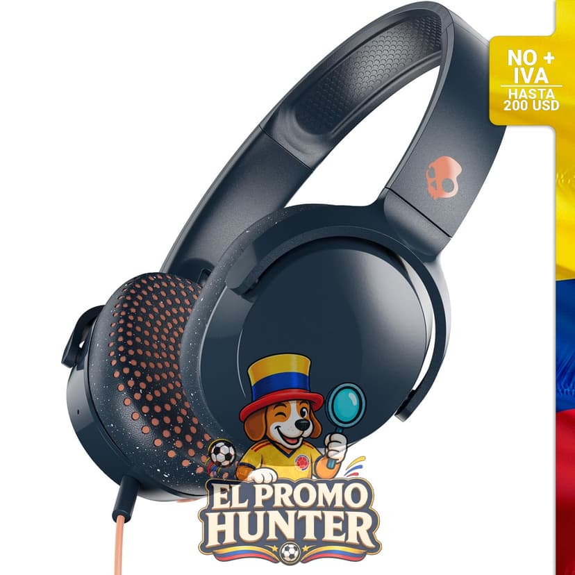 Auriculares Skullcandy Riff con cable, diseño plegable, conector AUX de 3.5 mm y micrófono incorporado.