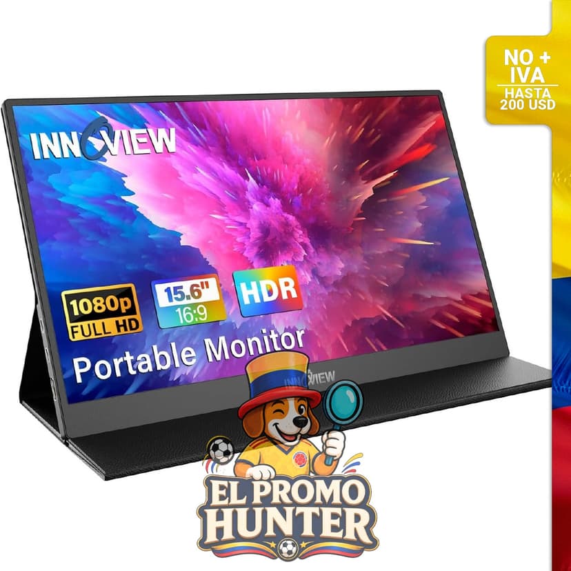 Monitor portátil InnoView de 15.6" (39.6 cm) FHD 1080P, con conexiones HDMI y USB-C, altavoz integrado.
