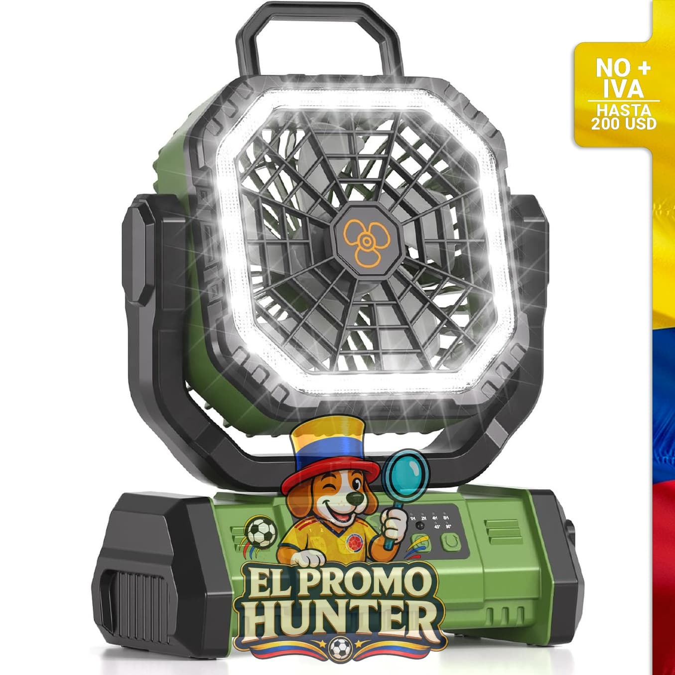 Ventilador recargable portátil de 20000 mAh con luz LED, control remoto, 4 velocidades y temporizador.