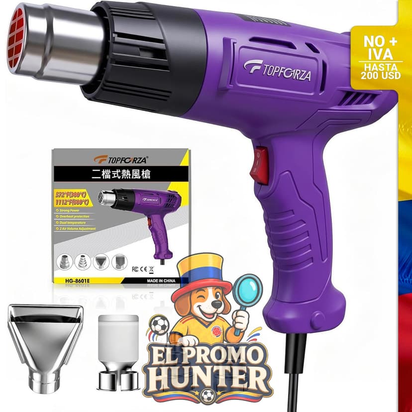 Pistola de aire caliente TOPFORZA de 1200W, con calentamiento rápido y ajustes de temperatura dual.