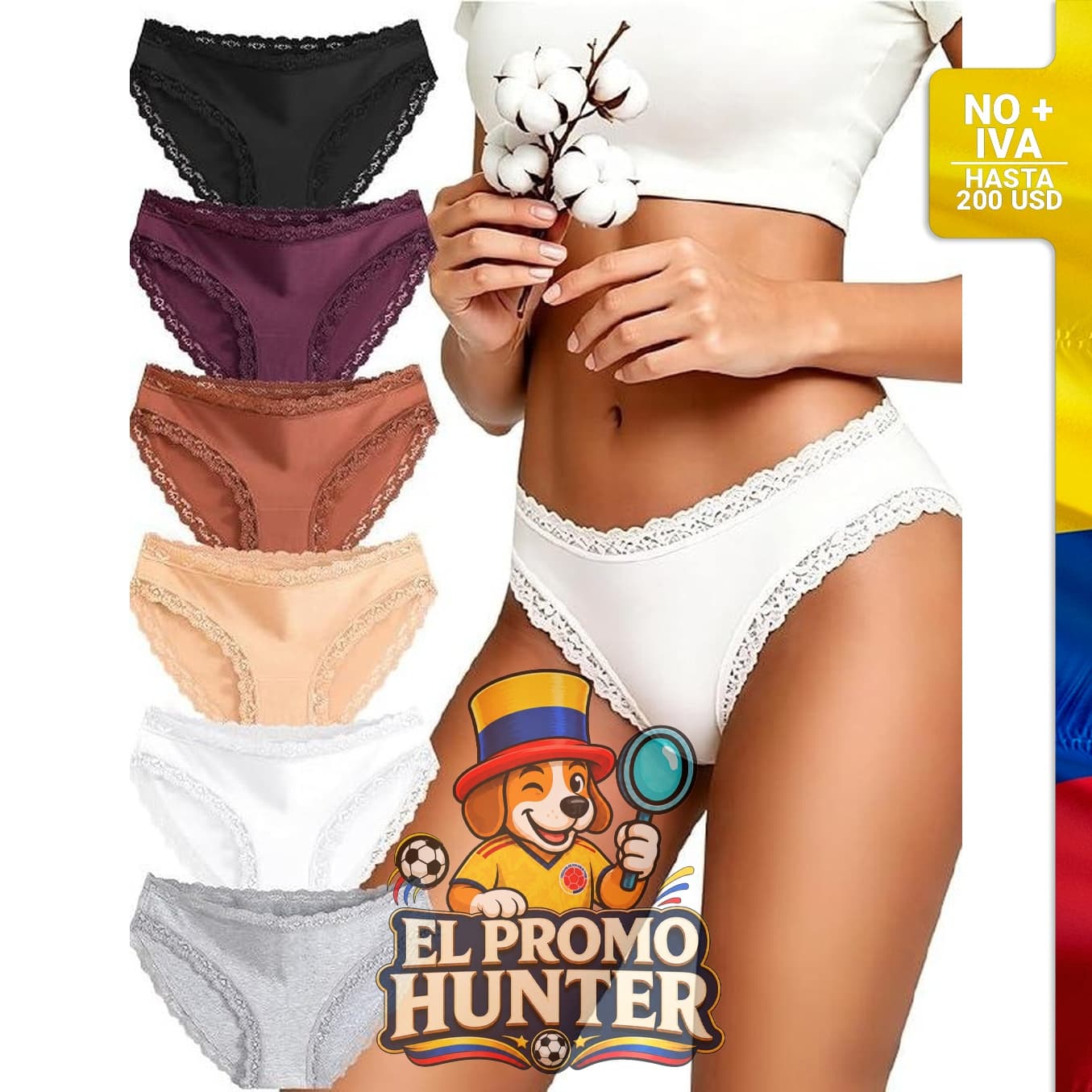 Ropa interior de algodón para mujer, paquete de 6 calzones con encaje.