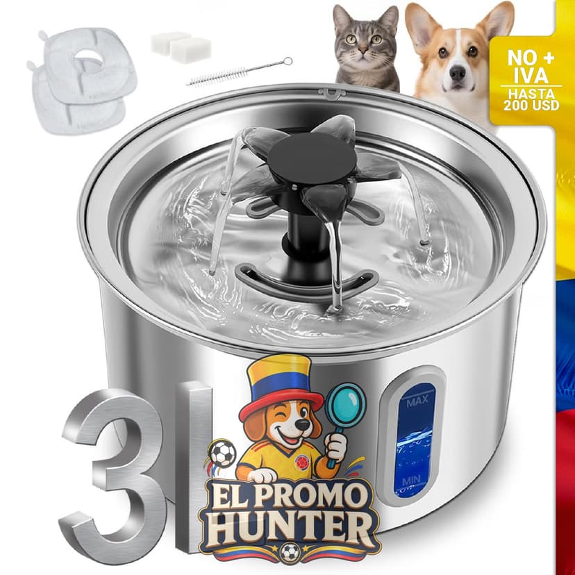 Fuente de agua de acero inoxidable para gatos de 3 L.