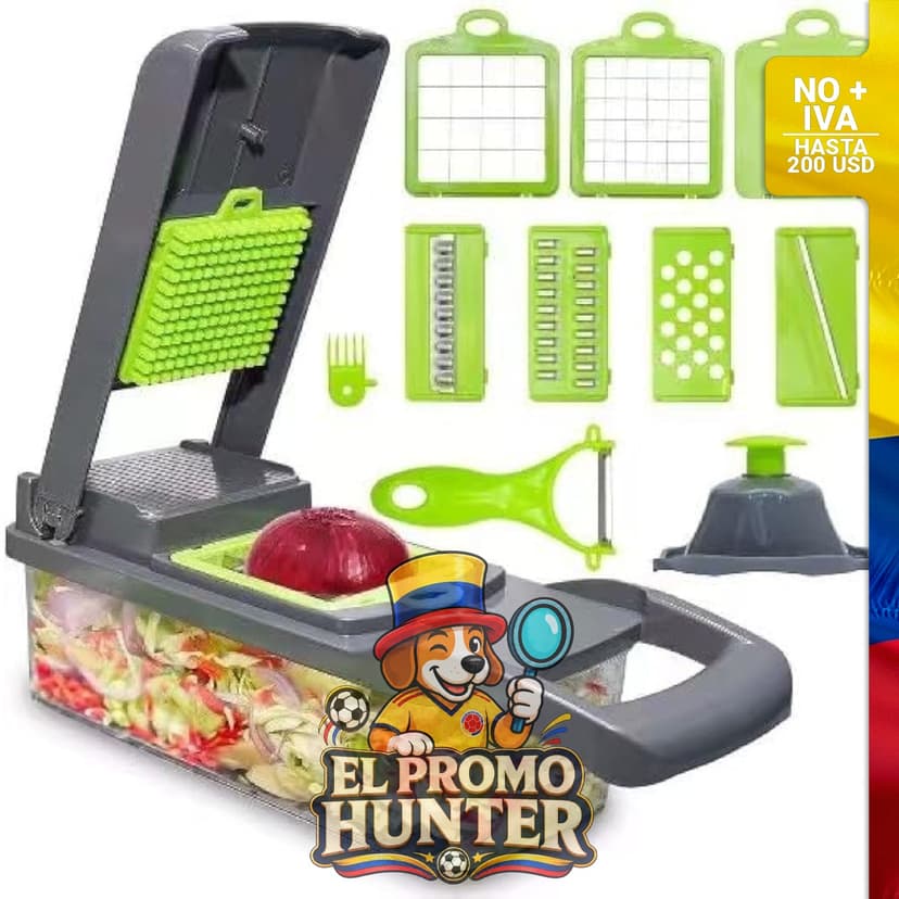 Picador de verduras multifuncional 16 en 1, incluye diferentes accesorios para cortar y picar.