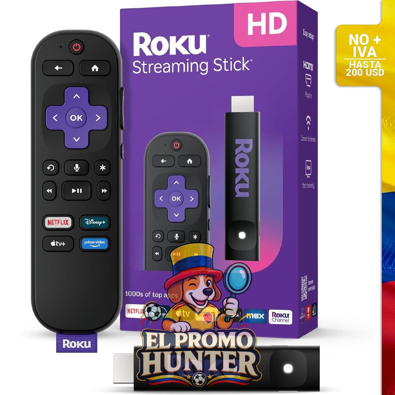 Roku Streaming Stick HD 2025, dispositivo de streaming con resolución HD.