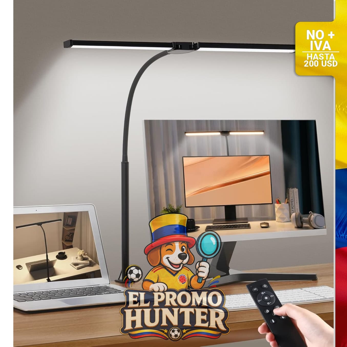 Lámpara de escritorio LED Motumen con abrazadera, doble cabezal y cuello de ganso ajustable.