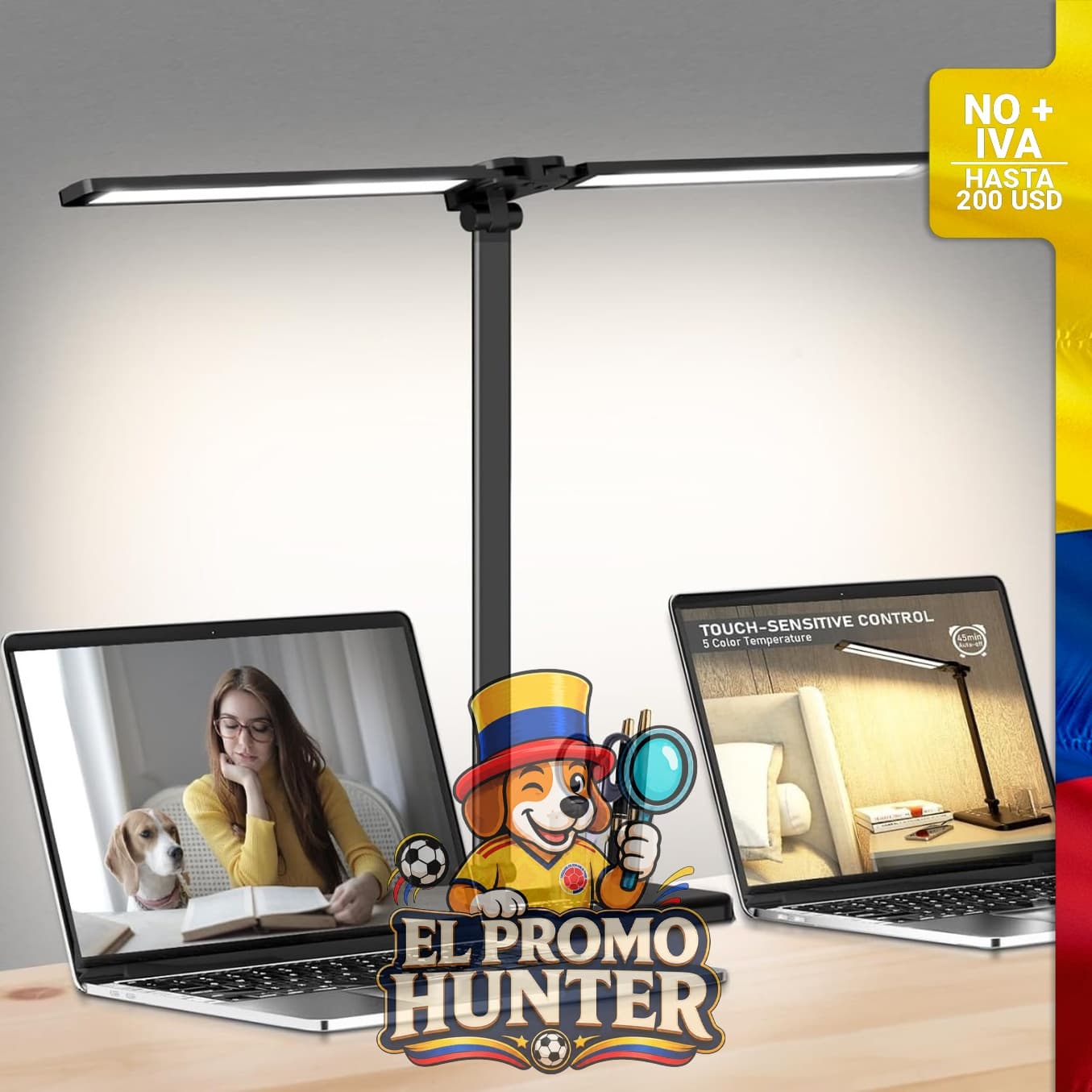Lámpara de escritorio LED regulable con puerto de carga USB, 50 modos de iluminación, doble brazo oscilante.