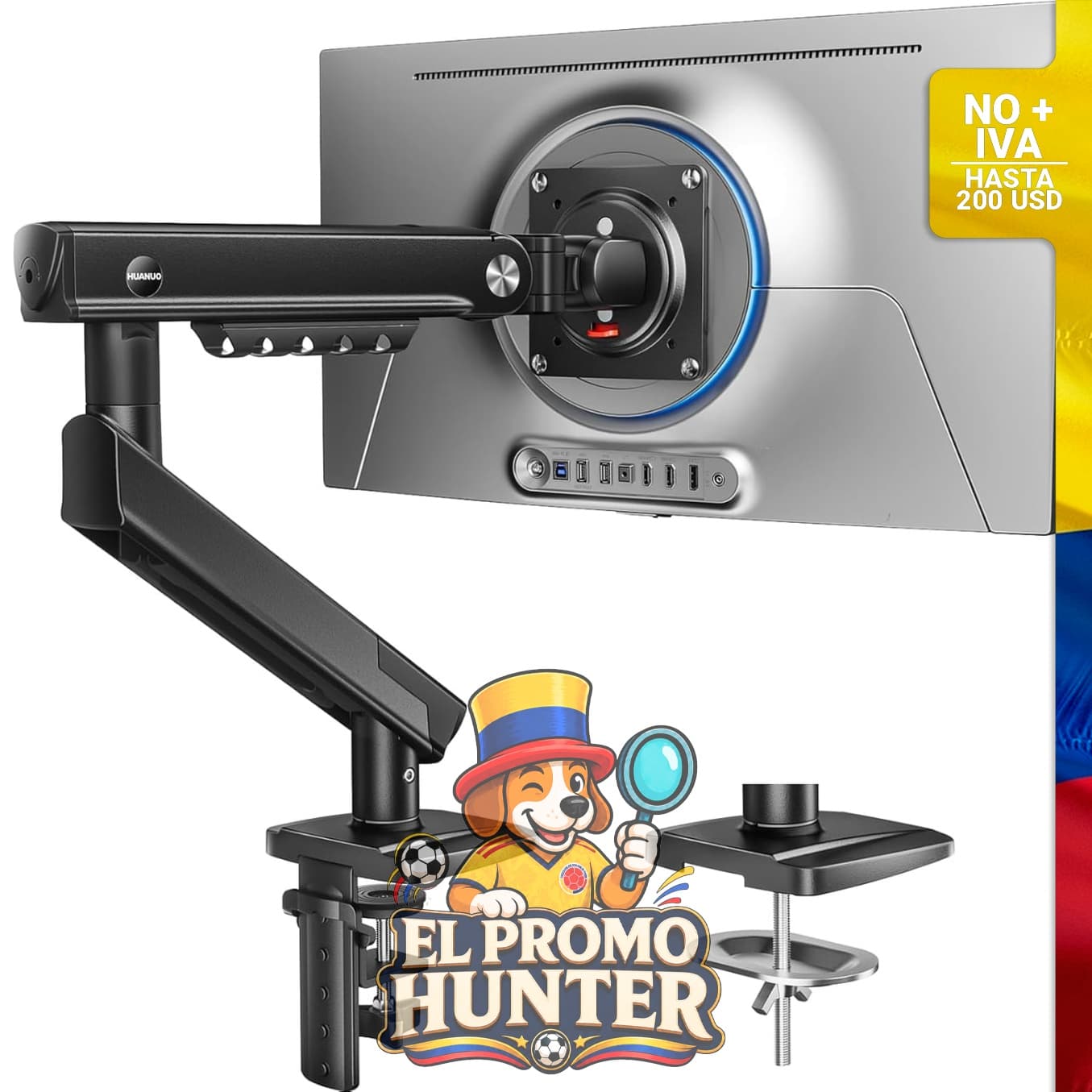Brazo de monitor HUANUO FlowLift™ Pro para pantallas de 33 a 81 cm, soporte ajustable con montaje VESA.