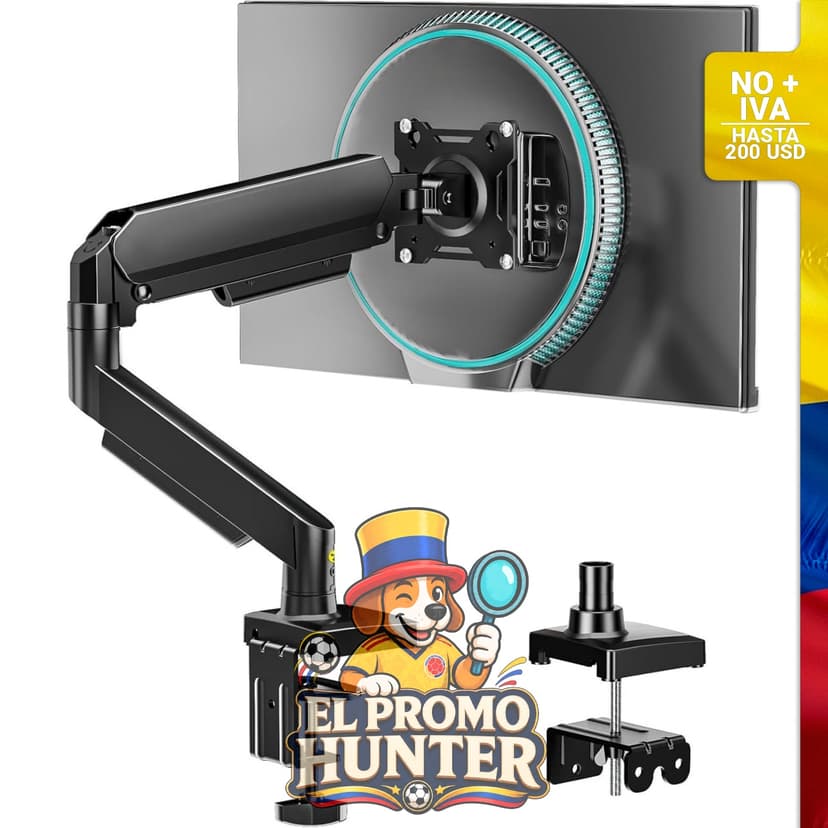 Brazo de monitor ajustable para pantallas de 43 a 81 cm, con montaje VESA y base de aluminio.